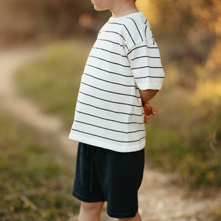 Navy Striped White Knit Short Set