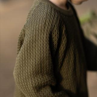 Green Herringbone Knit Set with Compass Embroidery