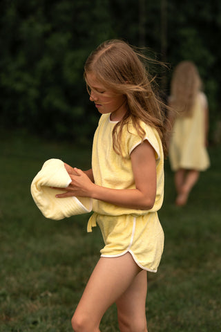 Yellow Towel Sleeveless Top Shorts Set with White Details