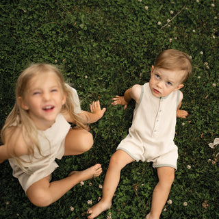 Beige Waffle Playsuit with Contrast Green