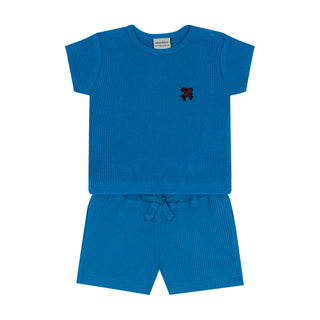 Blue Waffle Shorts Set with Plane Embroidery