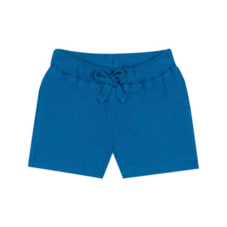 Blue Waffle Shorts Set with Plane Embroidery