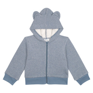 Blue Textured 3 PLY Sweatshirt with Bear Ears + Pants Set