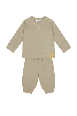 Smiley Detailed Waffle Long Sleeve Tshirt Pants Set